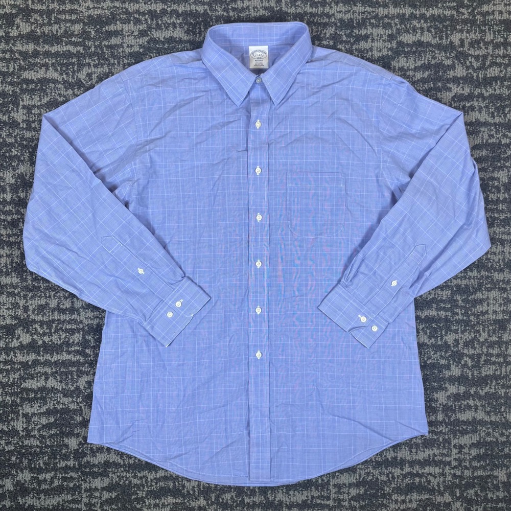 Brooks‎ Brothers 1818 Regent Dress Shirt Mens 17 4/5 Blue Glen Plaid Non-Iron